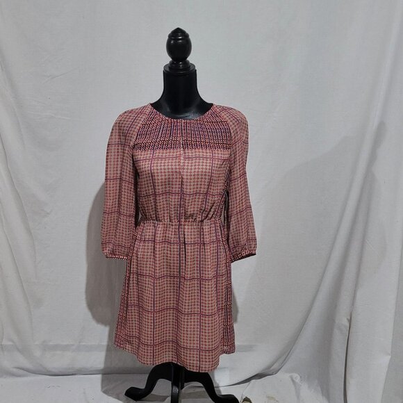 Madewell dress peasant silk sheer mini boho summer retrogrid pattern blue orange - Picture 1 of 16